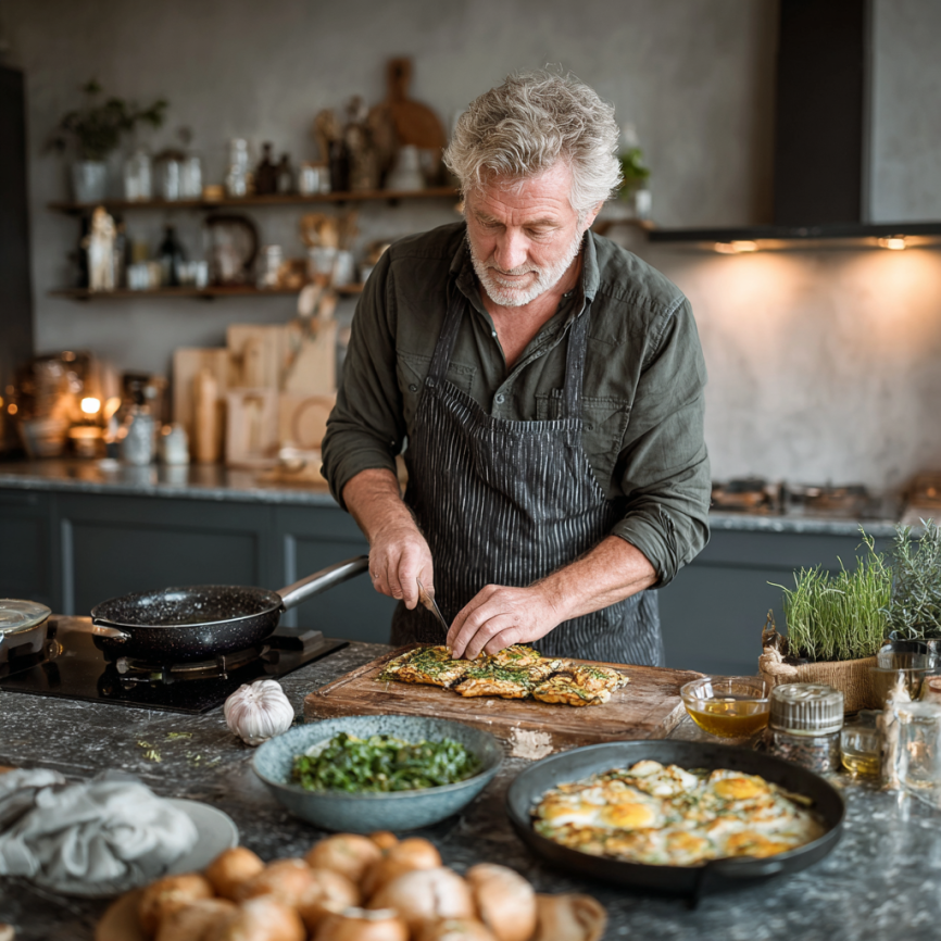 Възрастна двойка готви здравословна храна